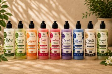 Une gamme colorée de produits de soins capillaires naturels.