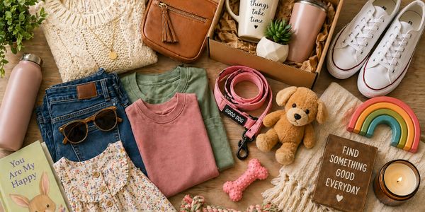 Cozy fall essentials including sweaters, jeans, dog accessories, and motivational decor.