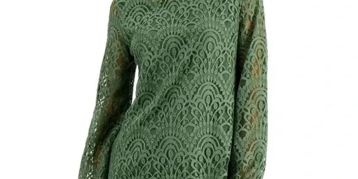 Green lace dress with intricate patterns and long sleeves.