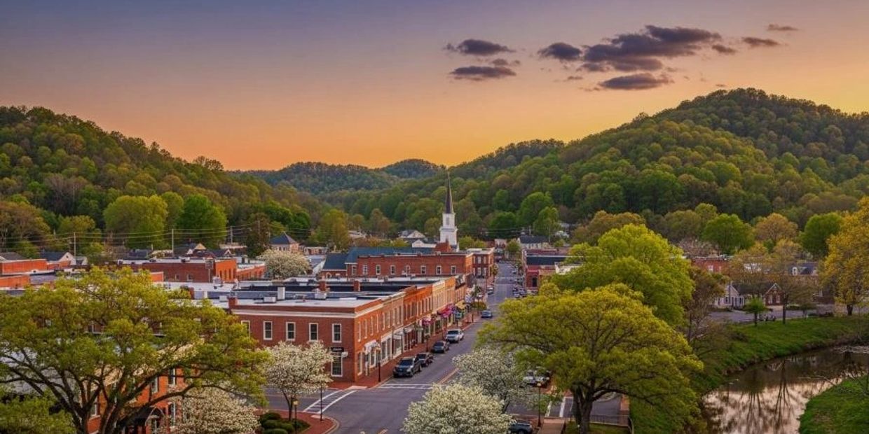 A charming small town nestled between green hills at sunset.