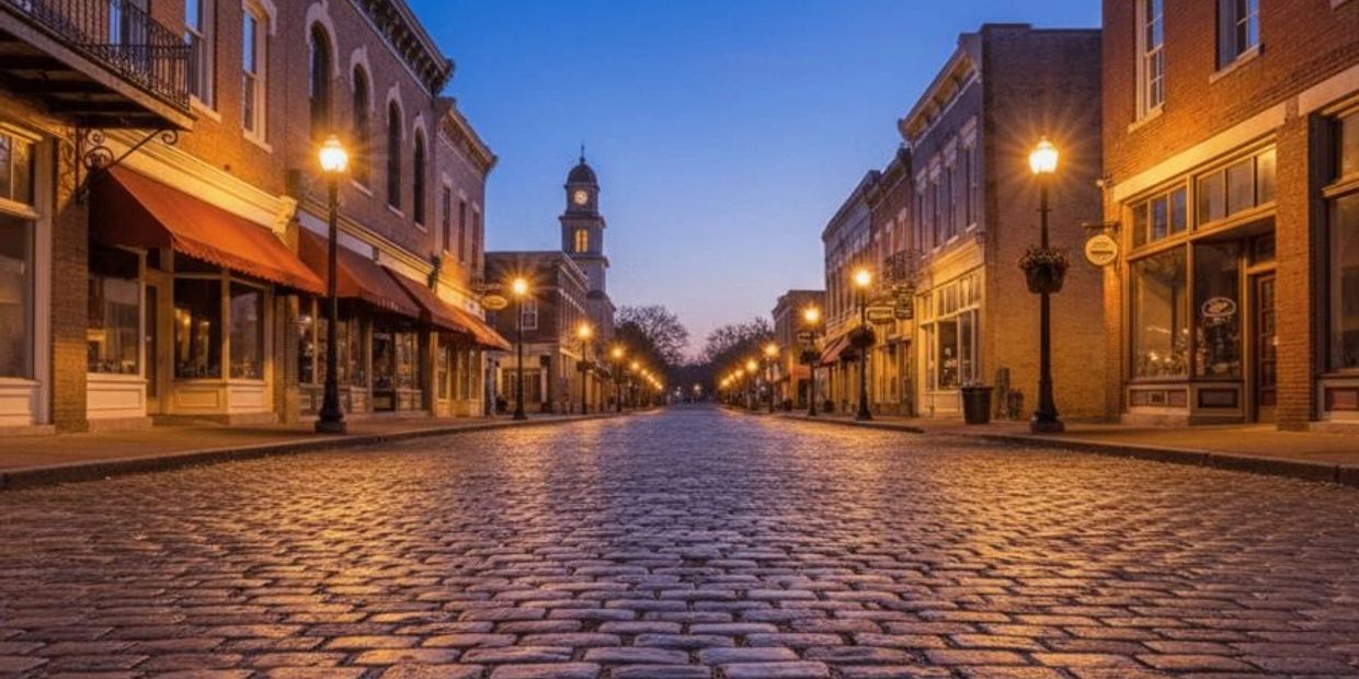 Empty cobblestone street lined with historic buildings at dusk.
