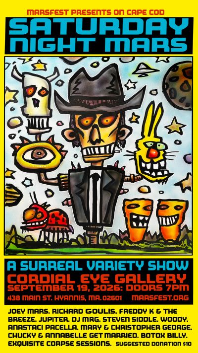 Poster for Saturday Night Mars surreal variety show at Cordial Eye Gallery on September 19, 2026.