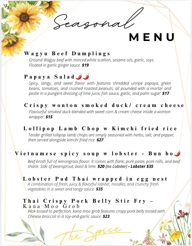 Seasonal menu featuring dishes like Wagyu Beef Dumplings, Papaya Salad, and Lobster Pad Thai.