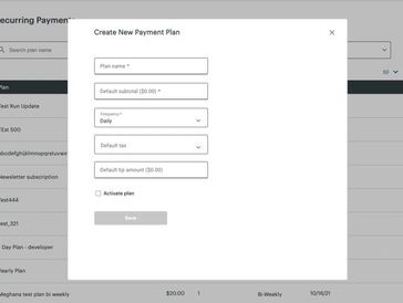 Create New Payment Plan form on a recurring payments dashboard.