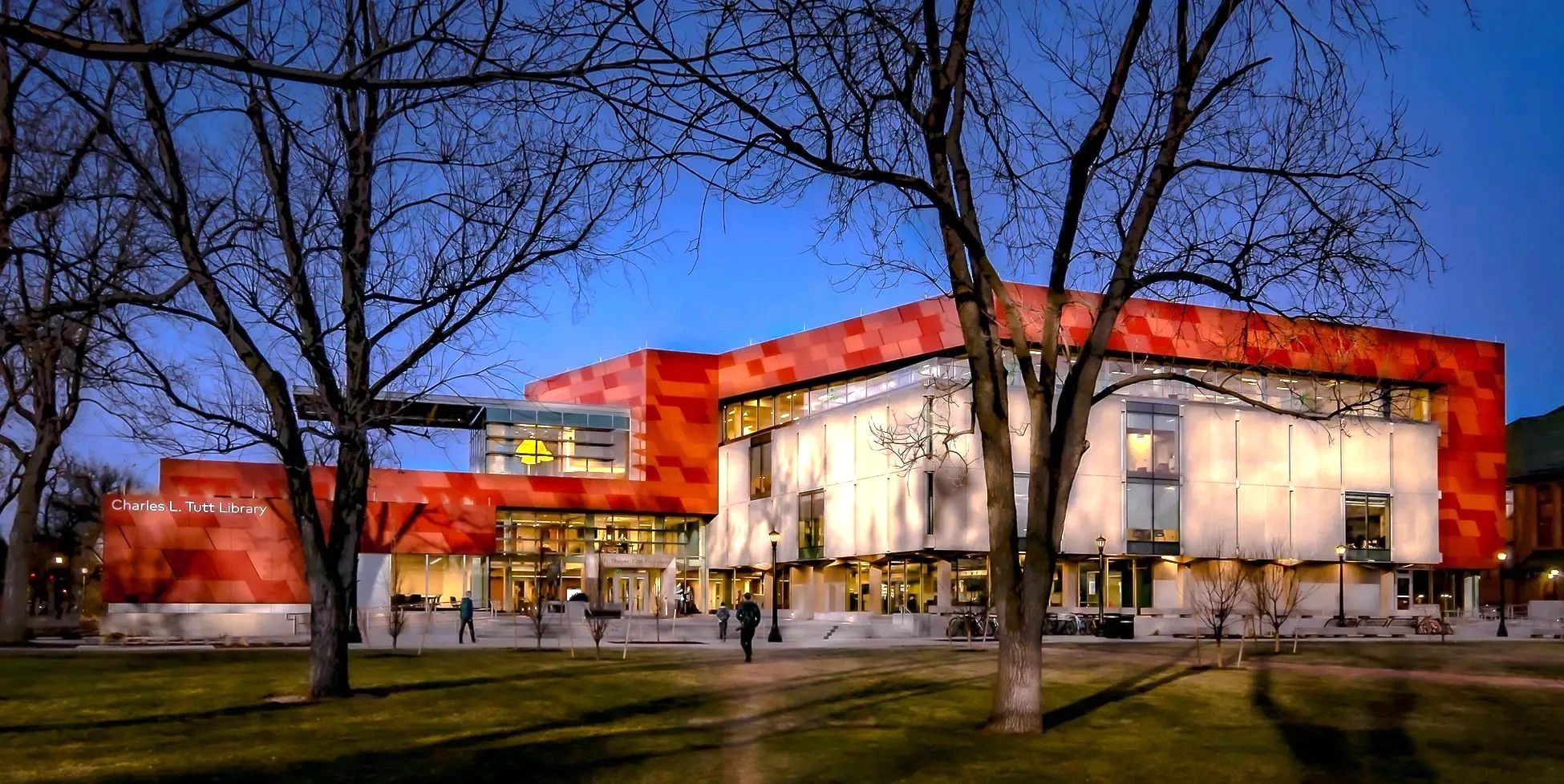 commercial building, library, college campus, blended photo.