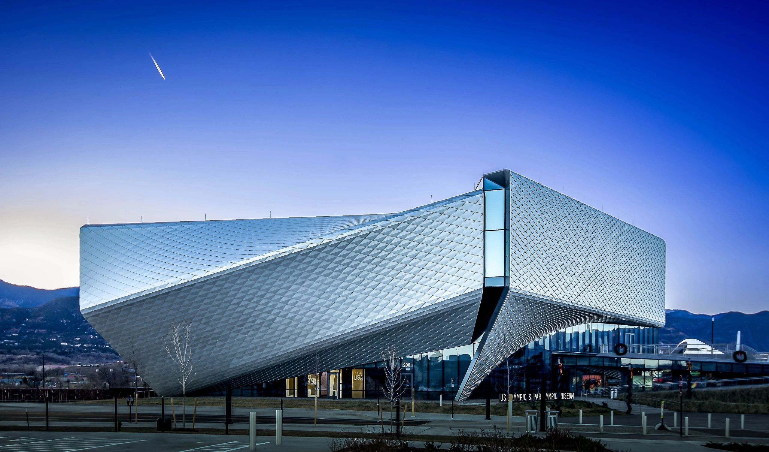 commercial building post construction, blue hour, Olympic / para olympic museum, after photo.