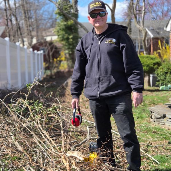 Man in work clothes holding safety earmuffs near cut branches outdoors.