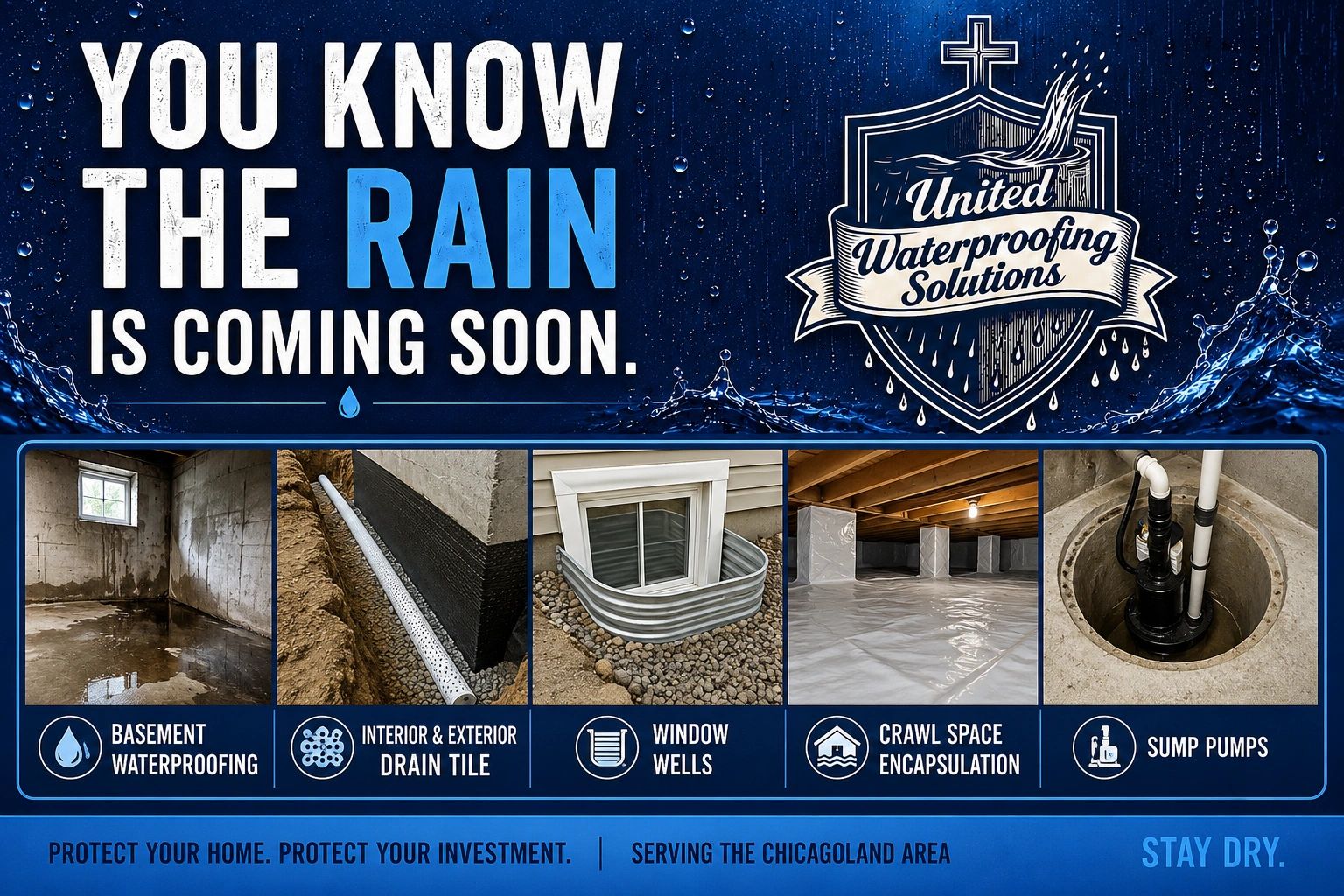 Advertisement for waterproofing services to protect homes from rain.