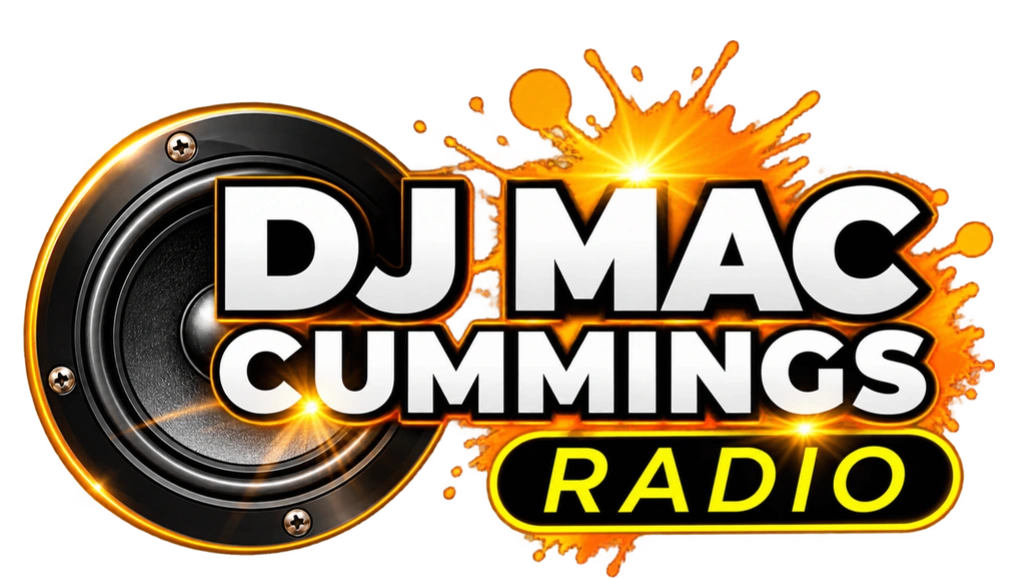 DJ Mac Cummings Radio logo with speaker and bright splash.