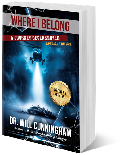 Book cover of Where I Belong by Dr. Will Cunningham with a helicopter spotlight and motorcycle scene.