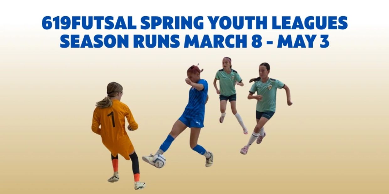 Youth futsal players in action promoting the spring league season from March 8 to May 3.