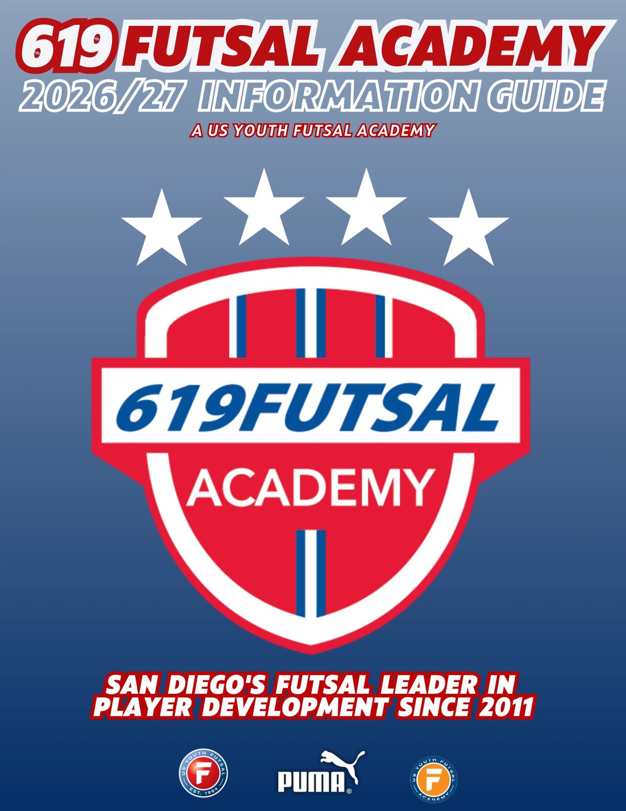 619 Futsal Academy 2026/27 info guide with logo and sponsors.