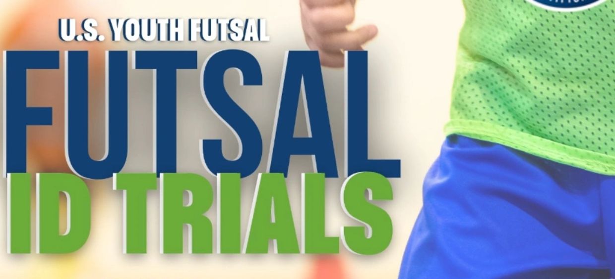 U.S. Youth Futsal ID Trials announcement with bold text and a player in sportswear.