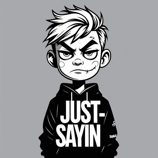 Black and white cartoon of a serious boy in a hoodie reading 'JUST SAYIN'.