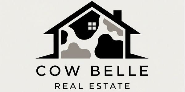 Logo of Cow Belle Real Estate with a house and cow pattern.