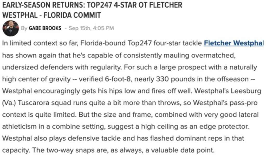 2023 - Fall Scouting Report of Fletcher Westphal by Gabe Brooks on 247Sports