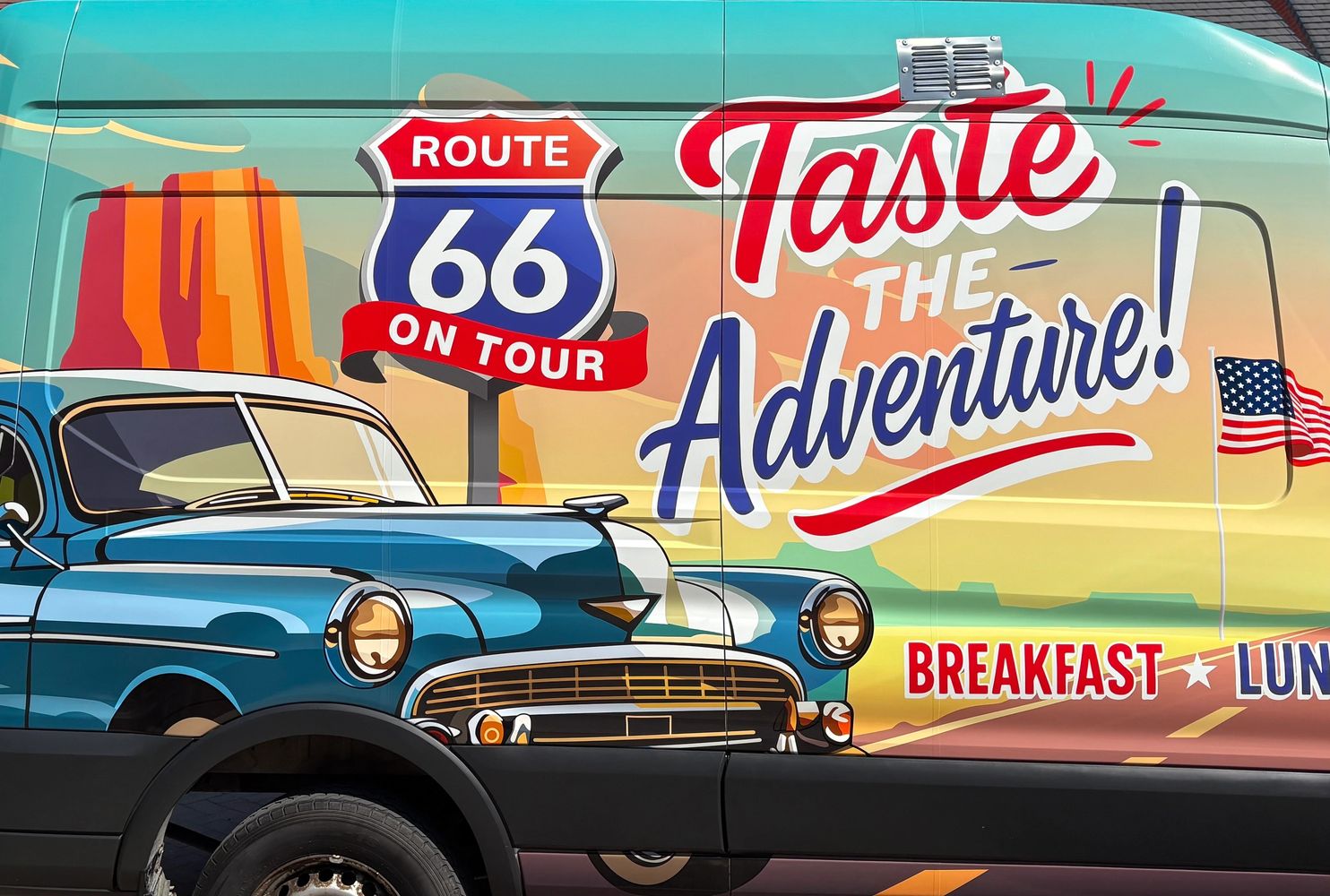 Colorful Route 66 van wrap with vintage car and adventure theme.