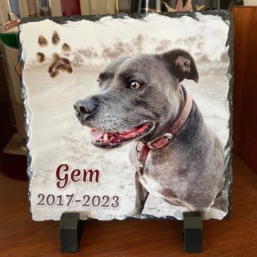 Memorial photo on 14cm x 14cm slate tile with stand.
