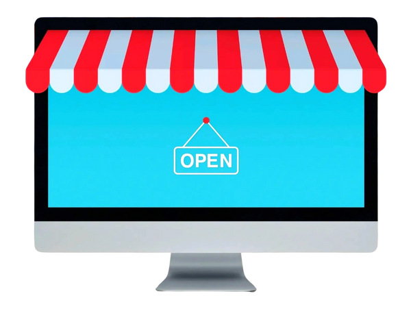 A computer screen with an online store 'open' sign and red-and-white awning.