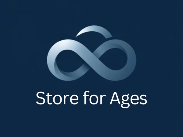 Logo of Store for Ages with infinity cloud symbol on blue background.