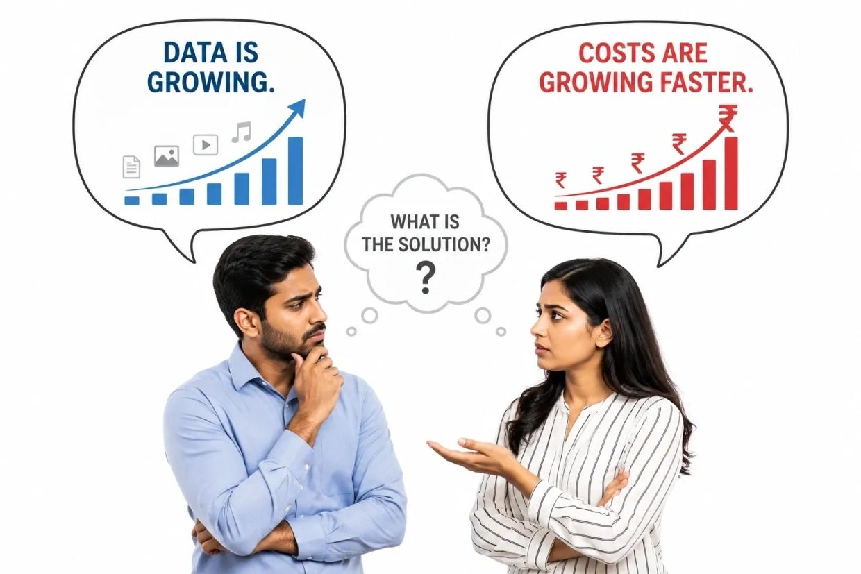 Man and woman discuss growing data and faster rising costs, seeking a solution.