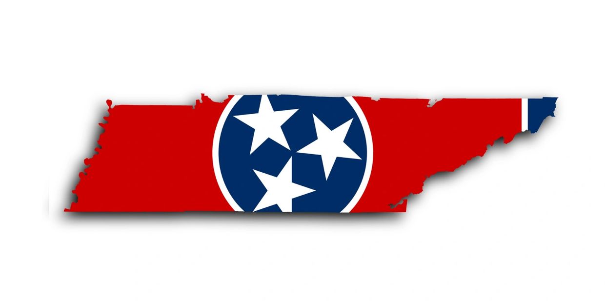Map of Tennessee filled with the state flag design.