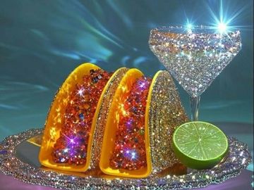 Sparkling tacos and margarita with glitter and a lime wedge on a glittery plate.