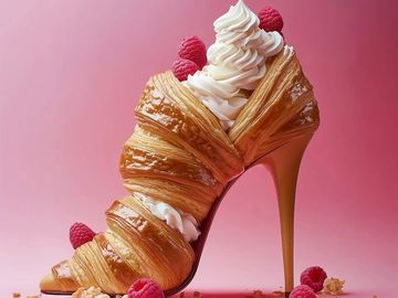 A high-heeled shoe made from croissant pastry with cream and raspberries.