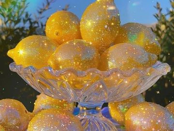 Glittering lemons sparkling in a crystal bowl under a rainbow-lit sky.