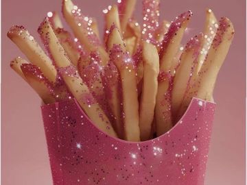 French fries sprinkled with pink glitter in a matching pink container.