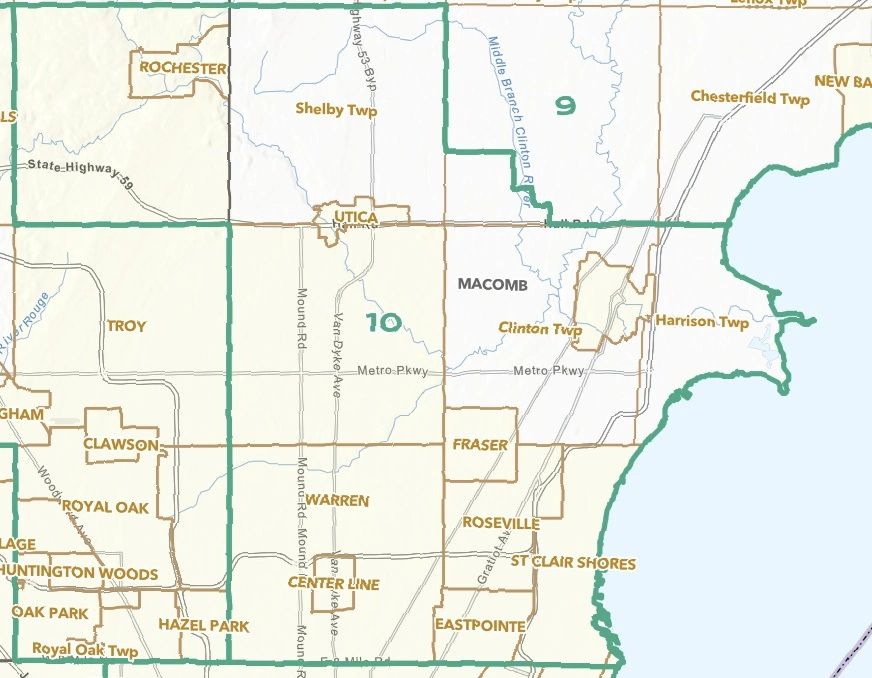 Map of Macomb County and surrounding areas in Michigan.