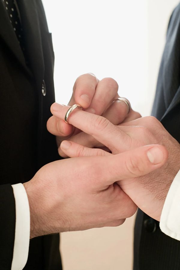 Two grooms exchanging rings