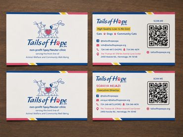 Business cards for Tails of Hope, a non-profit spay/neuter clinic focused on animal welfare.