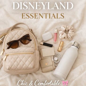 Flat lay of chic Disneyland essentials including a quilted backpack, sunglasses, water bottle, and cosmetics.