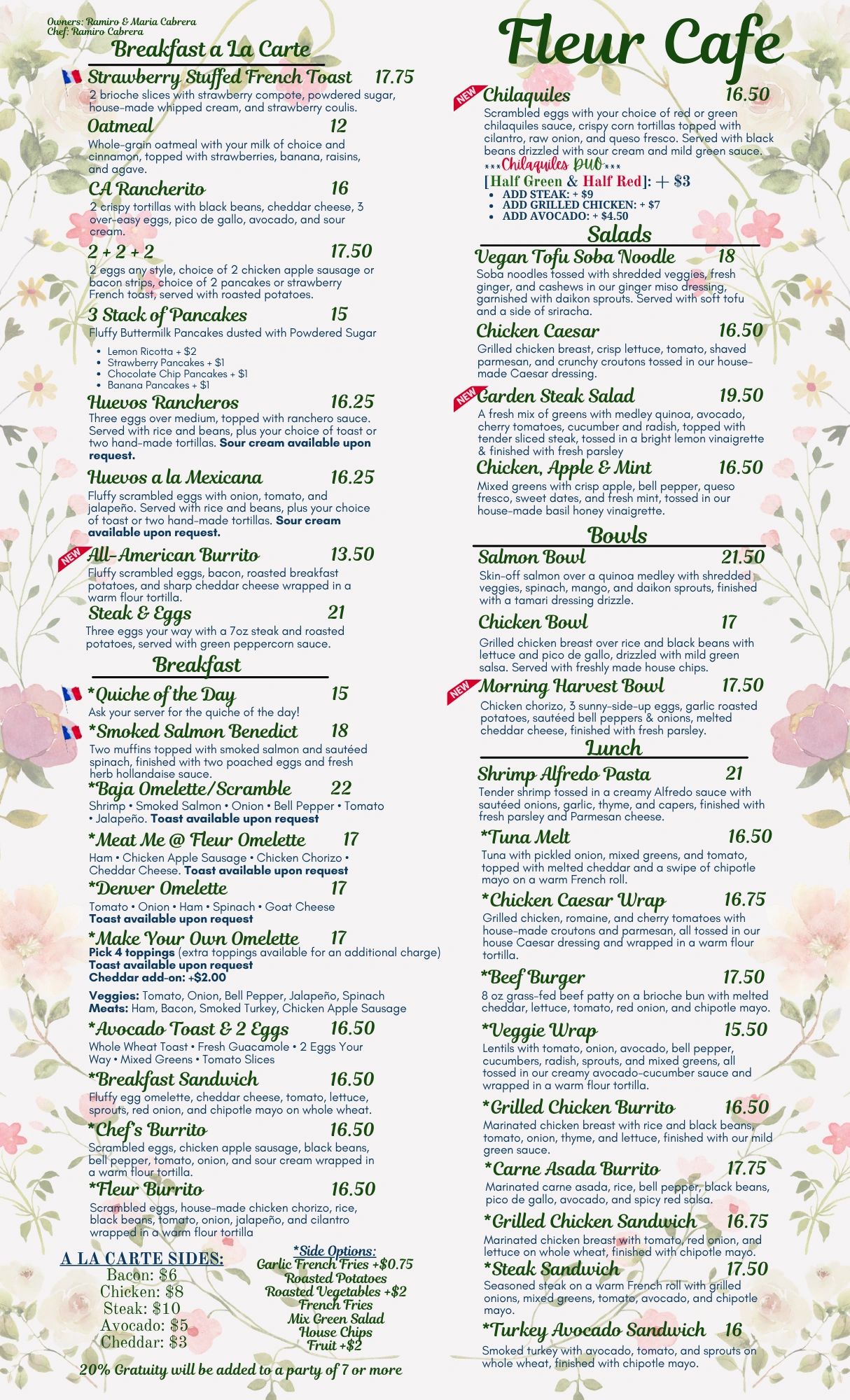 Menu from Fleur Cafe featuring breakfast, salads, bowls, and lunch options.