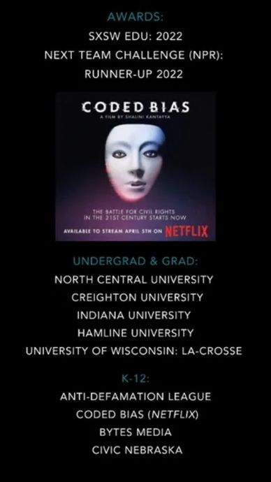 Promotional poster for the film 'Coded Bias' highlighting awards and educational partnerships.