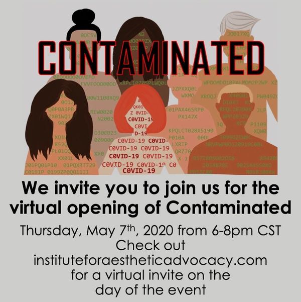 Virtual event invitation for 'Contaminated' on May 7, 2020, about COVID-19 impact.