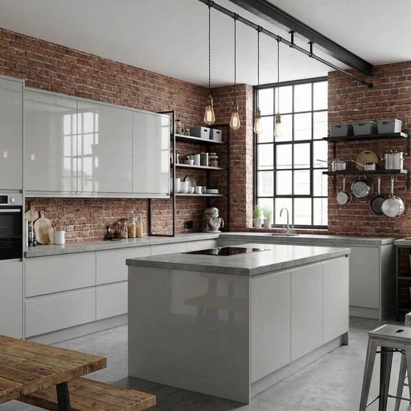 Modern industrial kitchen with brick walls, large windows, and sleek grey cabinetry.
