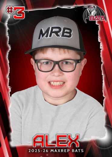 Portrait of Alex in a MaxRep Bats sports card with a red and black design.