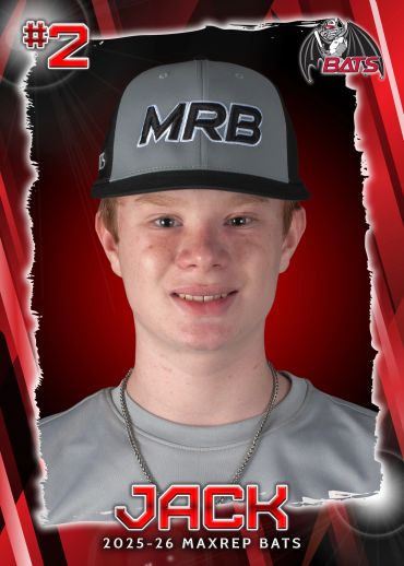 Portrait of Jack, a young baseball player for MaxRep Bats, wearing a gray cap and shirt.