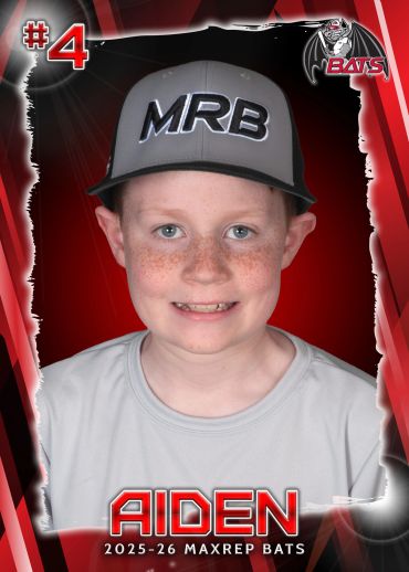 Portrait of a young baseball player named Aiden in a MaxRep Bats card.