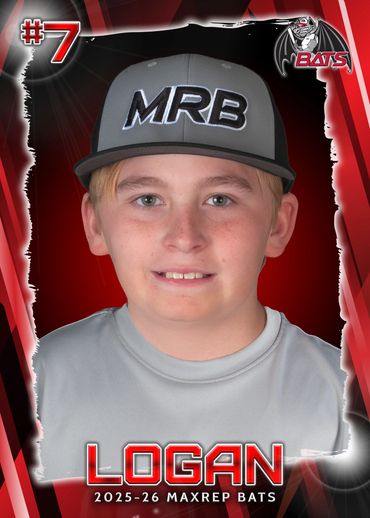 Youth baseball player Logan in team uniform and cap.