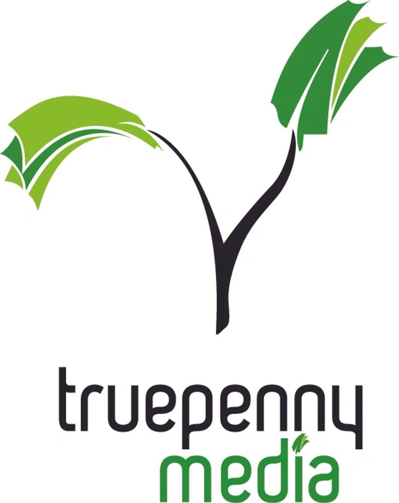 Truepenny Media logo with stylized green leaves.