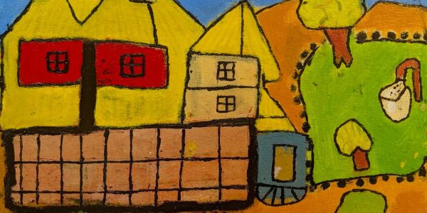 Childlike drawing of colorful houses and a green garden.