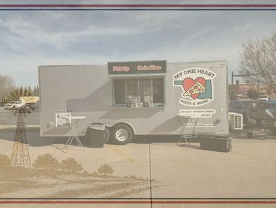 Food truck named 'My Okie Heart' serving pizza and more outdoors.