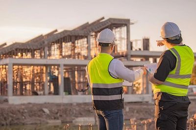 Two construction workers discuss plans at a building site.
