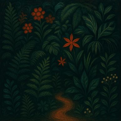 Dark forest scene with glowing orange flowers and a winding path.