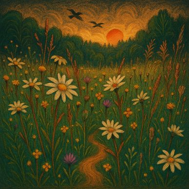 Sunset over a wildflower meadow with birds flying.