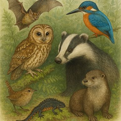 Illustration of various woodland animals including an owl, badger, otter, bat, kingfisher, wren, and salamander.