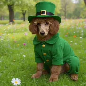 A poodle dressed as a leprechaun in a green outfit and hat.